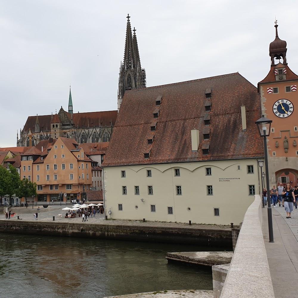A river, buildings, and a bridge in front of the  Regensburger Dom.